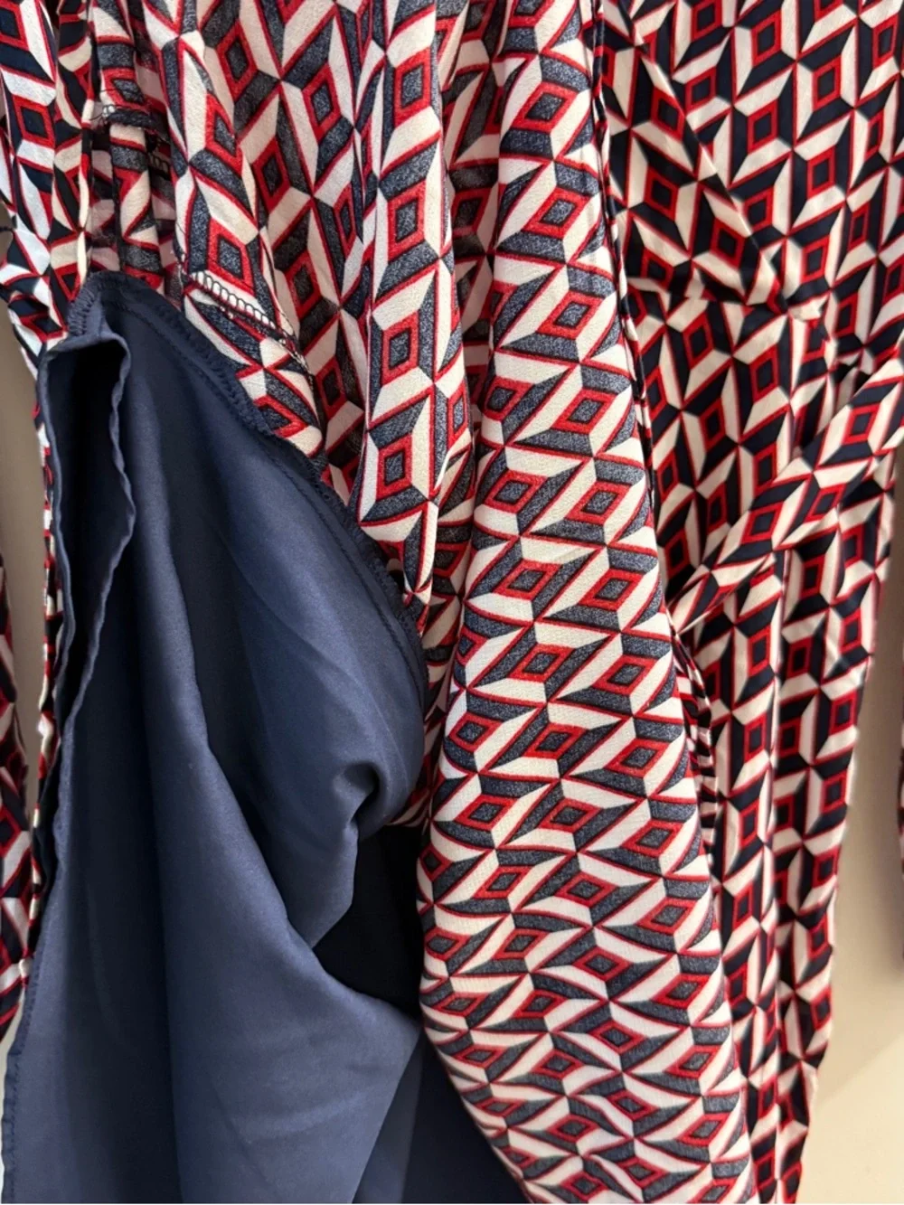 Banana Republic NWT Faux Wrap Midi Dress Size 12 Geometric Red Navy White Lined - Picture 3 of 14